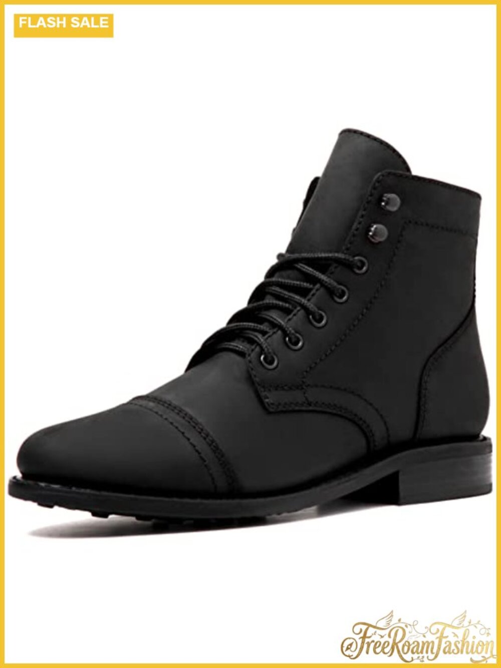 Cap Toe Ankle Boots Leather Goodyear Welt Block Heel Lace-Up Work Boots